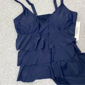 Nicole Miller Three Tier Ruffle Tankini Swim Top Bottom Set Womens 1X